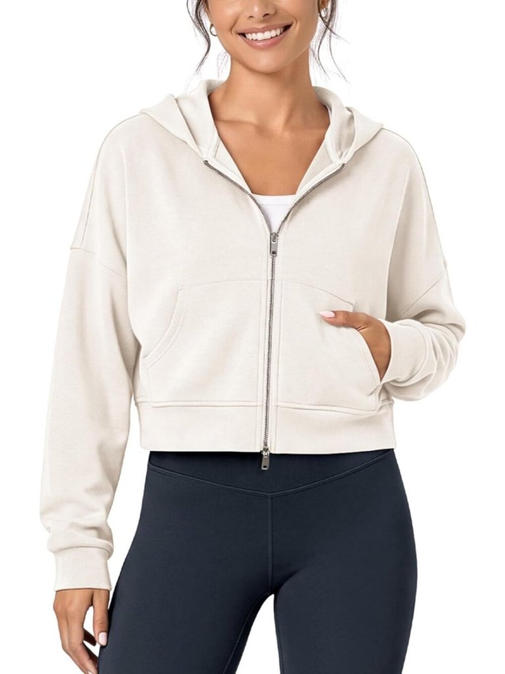 Soft Modal Full-Zip Cropped Hoodie with Pockets | Long Sleeve Casual Sweatshirt